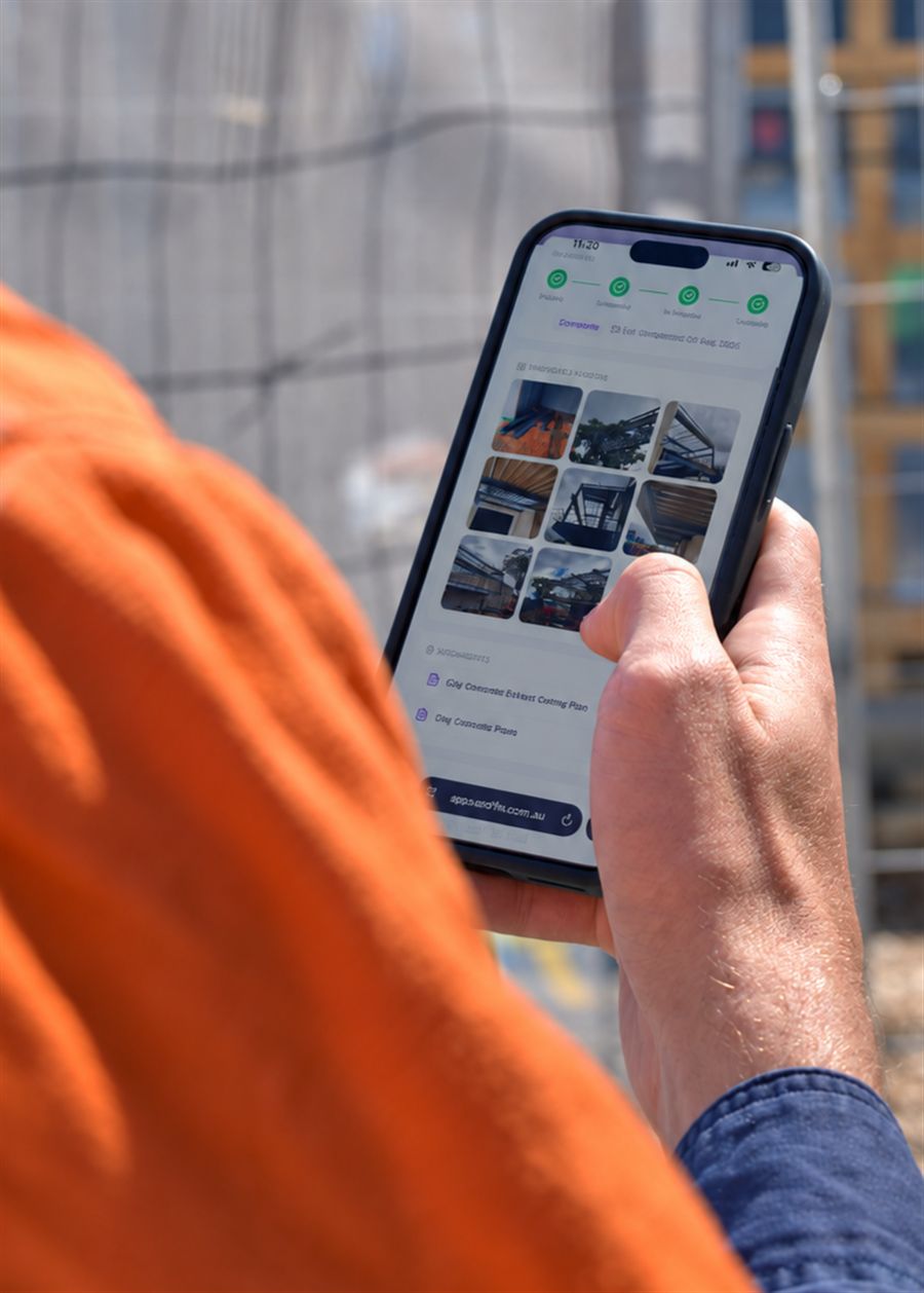 Tradie on site checking job progress and photos on the Voloflo client portal from his phone